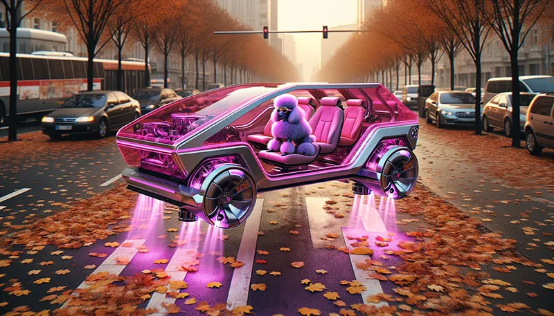 Poodle looking out the side of a futuristic pink hovercar